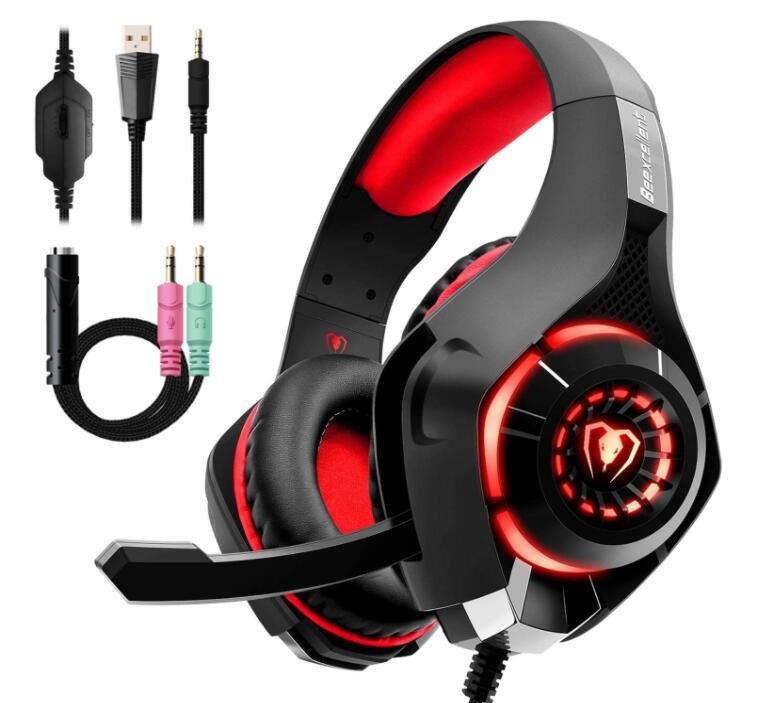 Beexcellent GM-1 gaming headset with LED light, mic, deep bass, and multiple connectors for PS4, PC, and phones